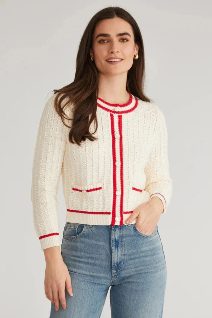 Red-trim Cropped Textured Knit Cardigan
