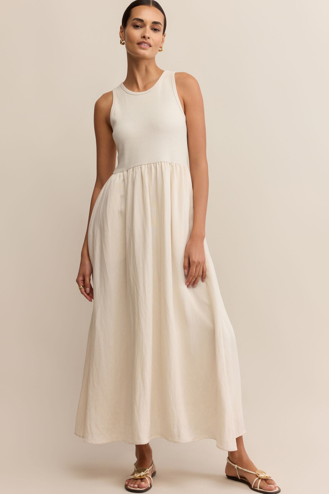 Ribbed-knit Bodice Pocketed A-line Maxi Dress