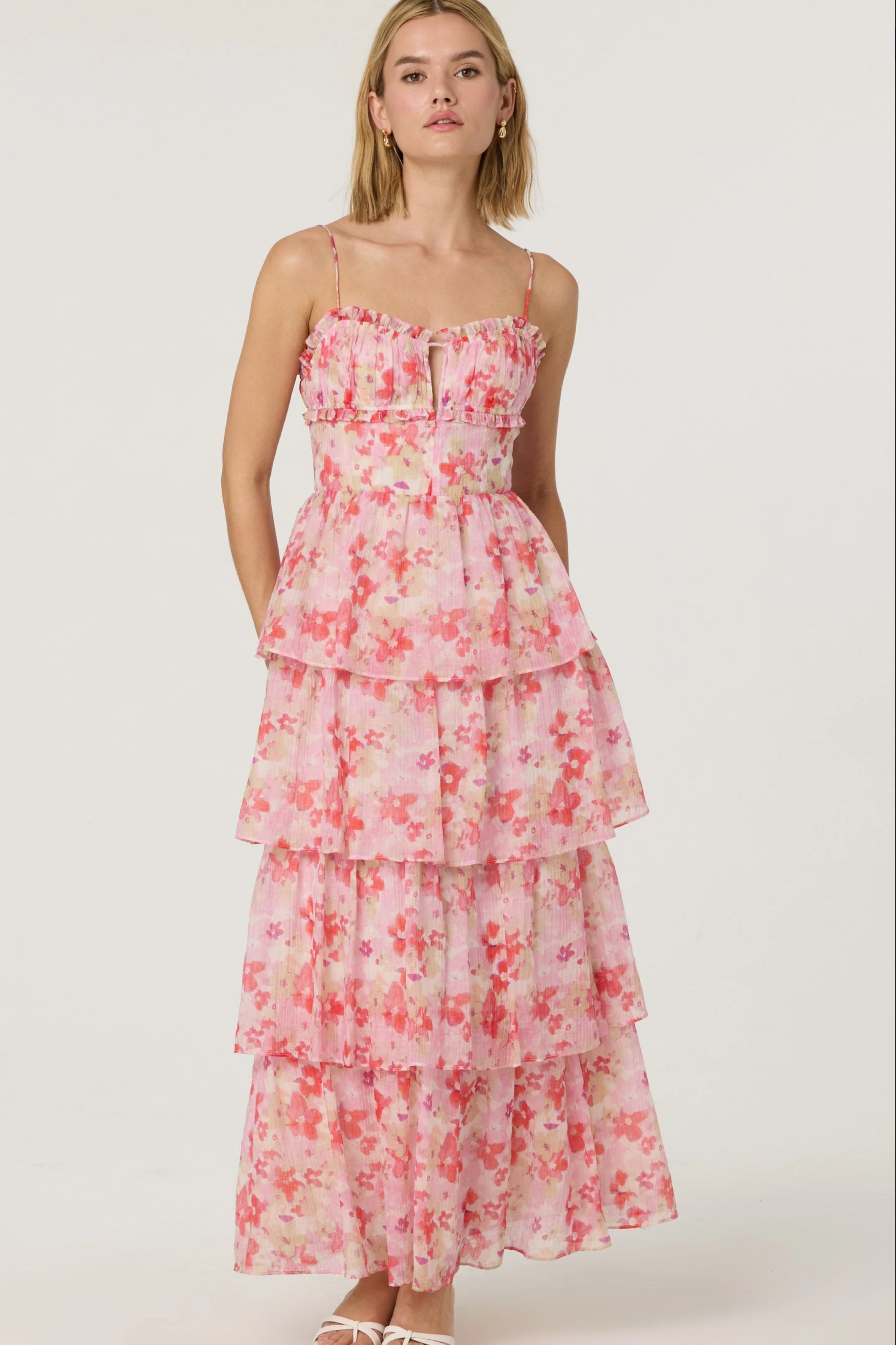 Watercolor-floral Tiered Ruffled Maxi Dress