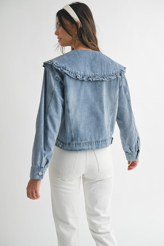 Ruffled Peter Pan Collar Cropped Denim Jacket