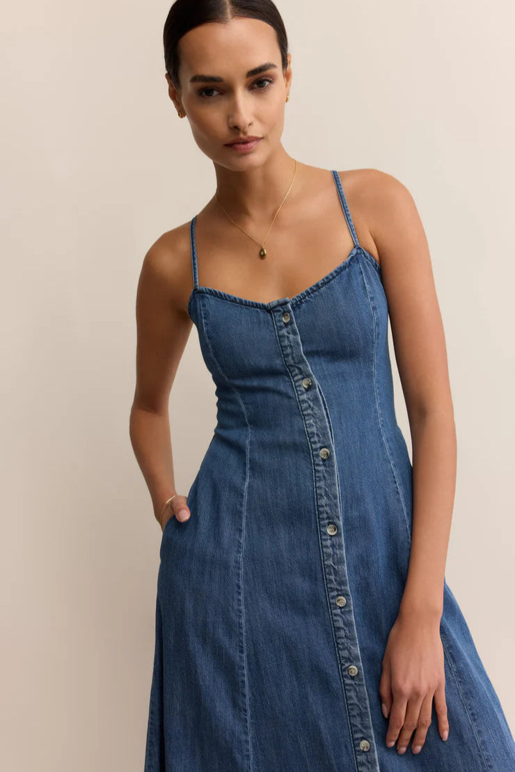Sweetheart-neck Flared Denim Midi Dress
