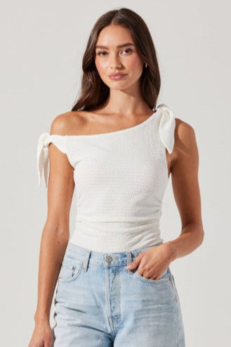 Tie-detail Textured Off-the-shoulder Top