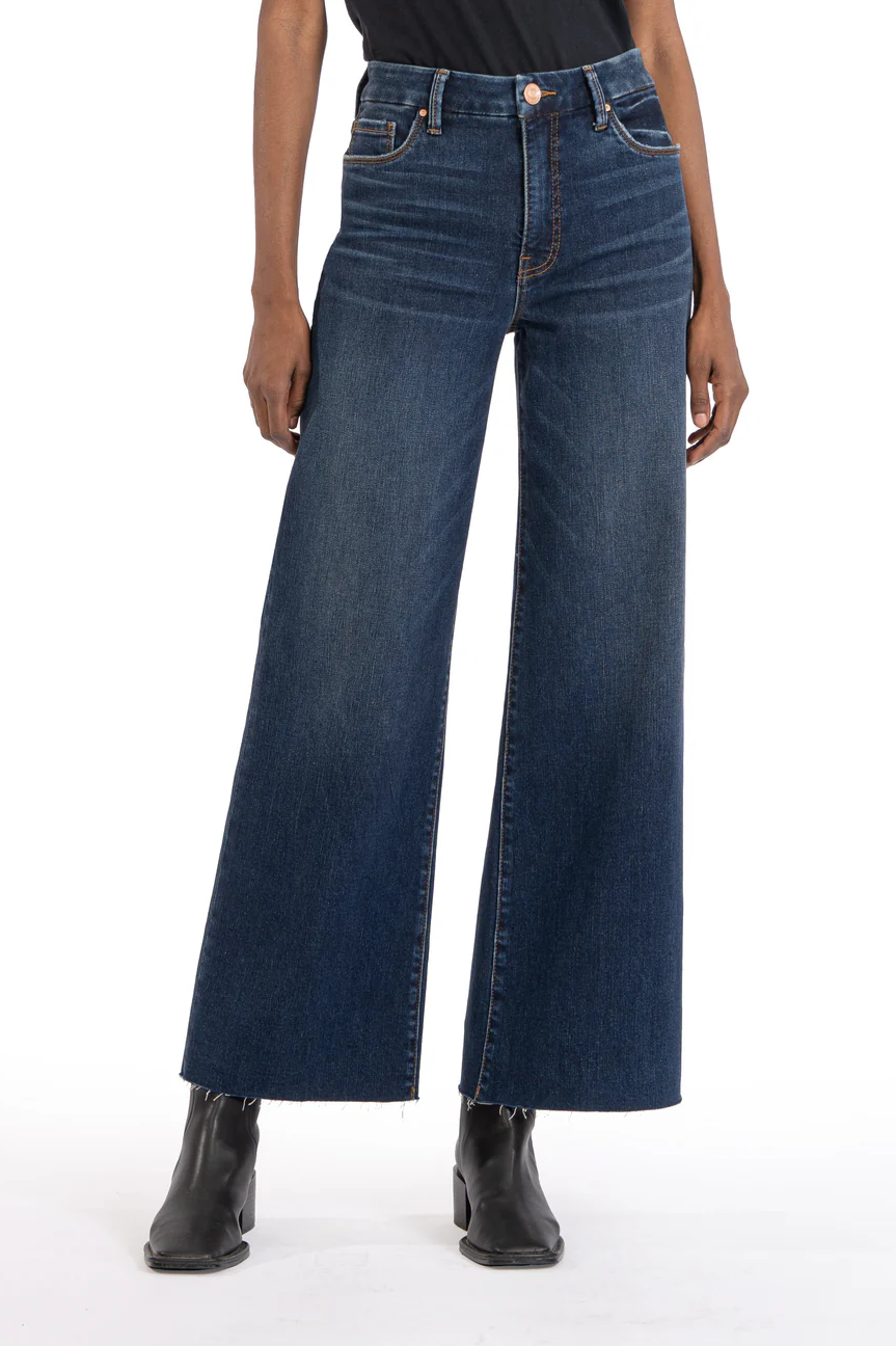 Contrast-stitched Frayed-hem High-rise Wide-leg Cropped Denim Jeans