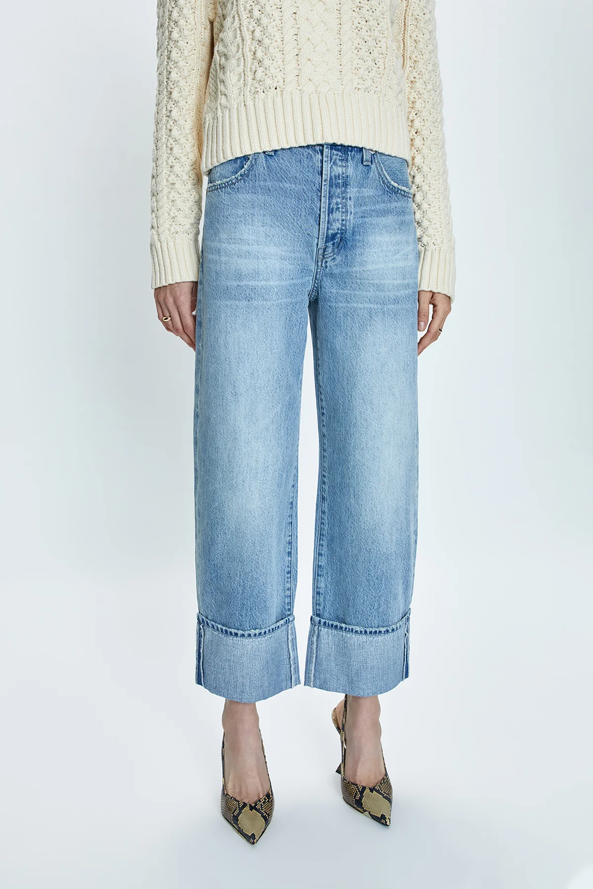 Distressed Cuffed High-rise Wide-leg Cropped Denim Jeans